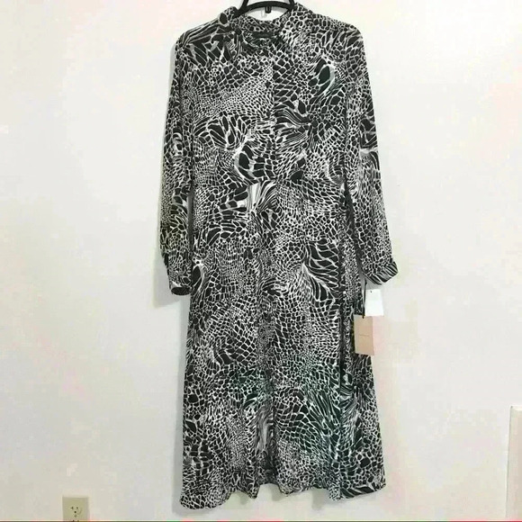 Halogen Long Sleeve Midi Button Down Shirtdress In Black Grey Iggy Print - Picture 3 of 11